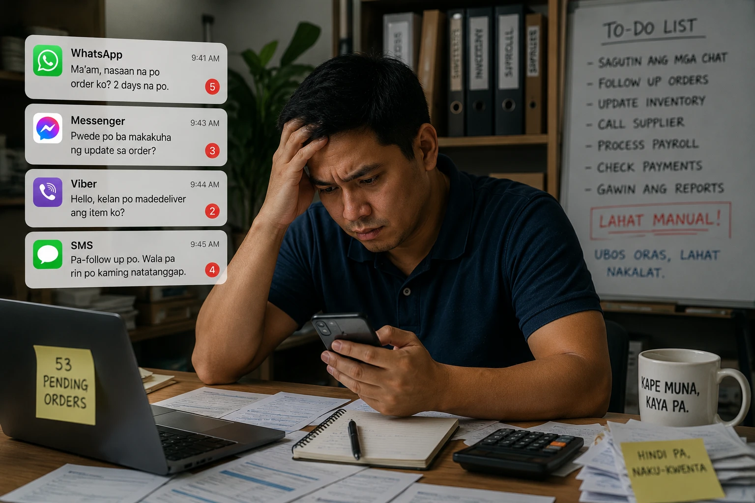 Overwhelmed business owner drowning in chat messages