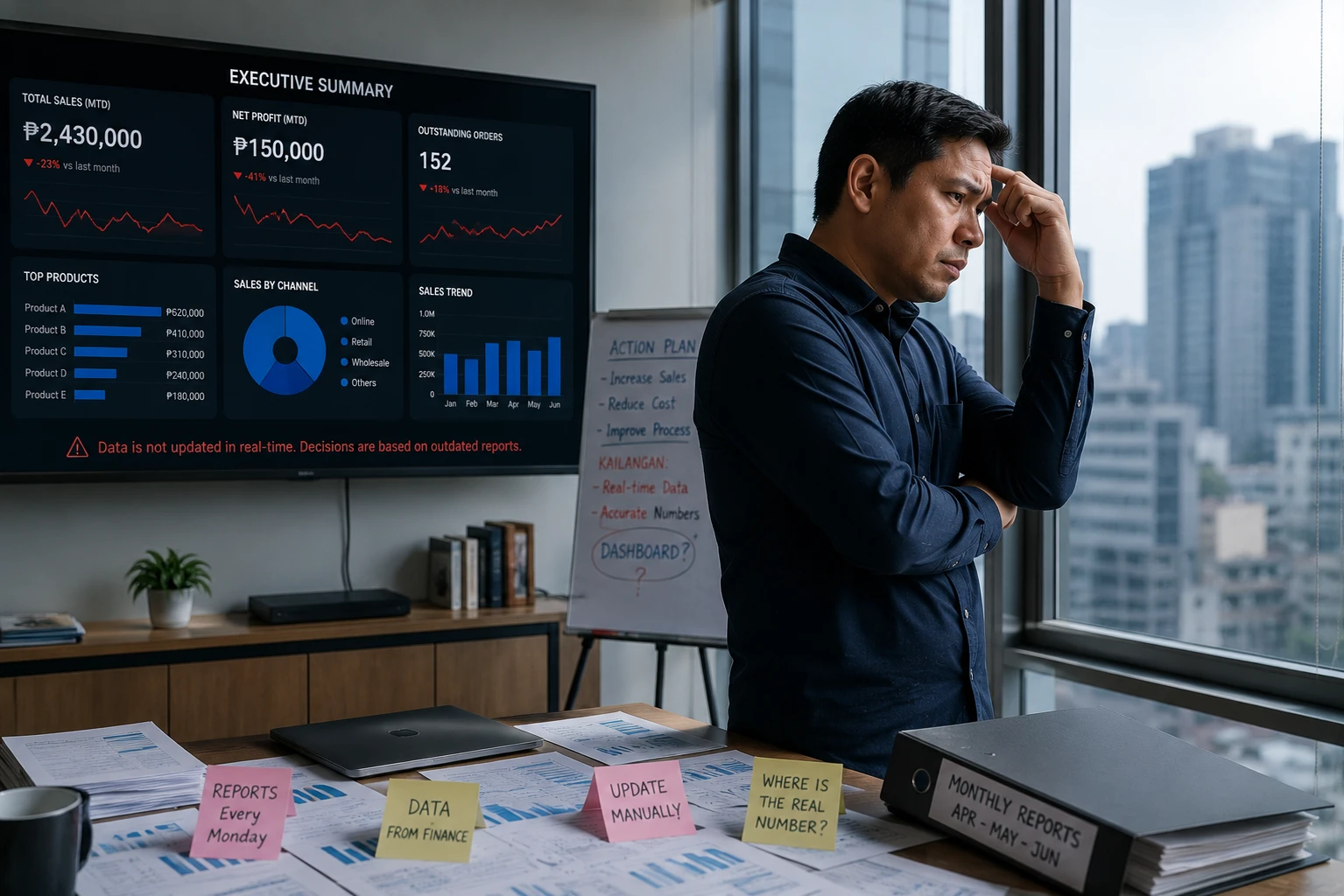 Executive staring at outdated dashboard with declining numbers