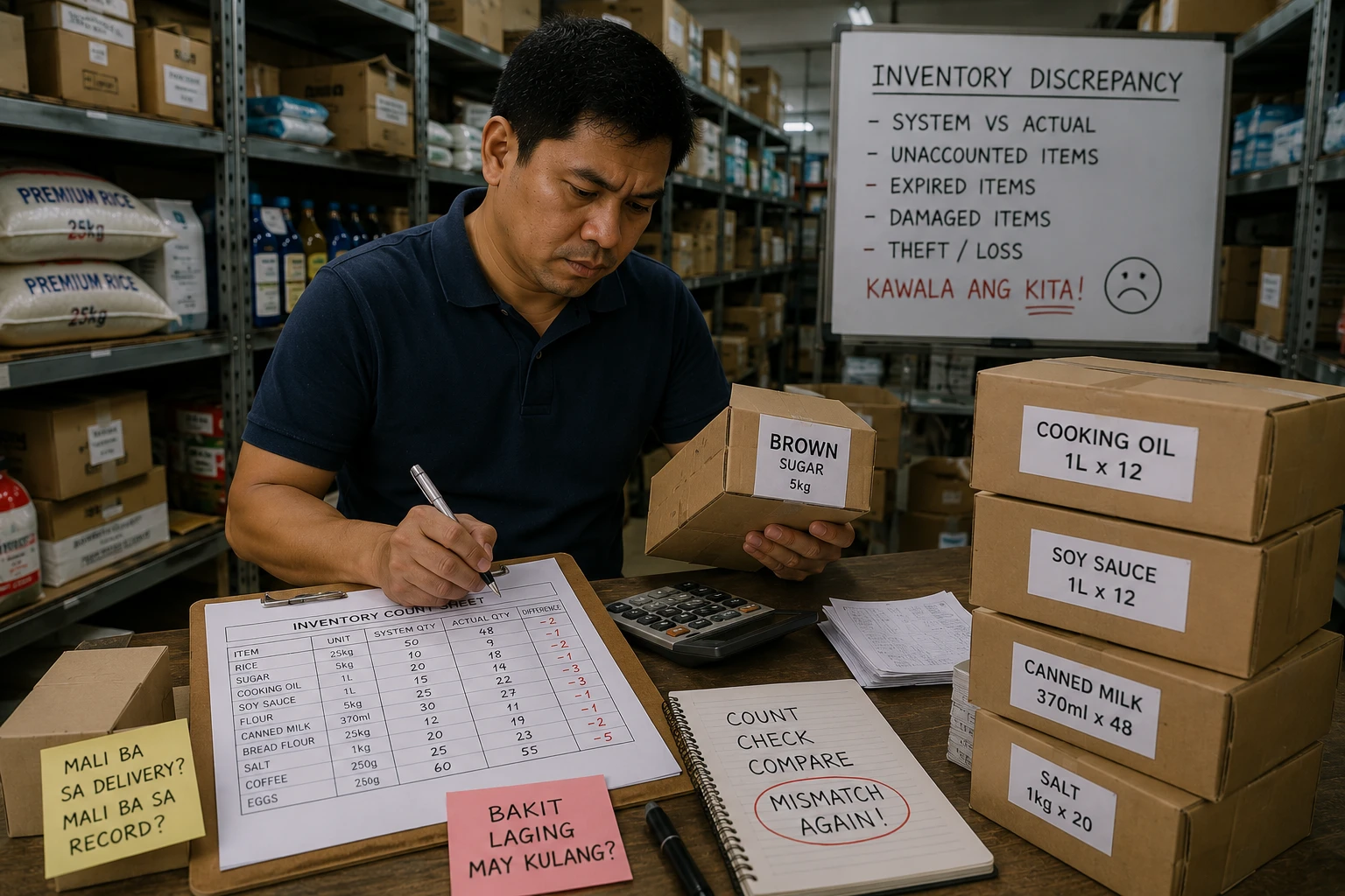 Warehouse worker counting inventory with clipboard discrepancies