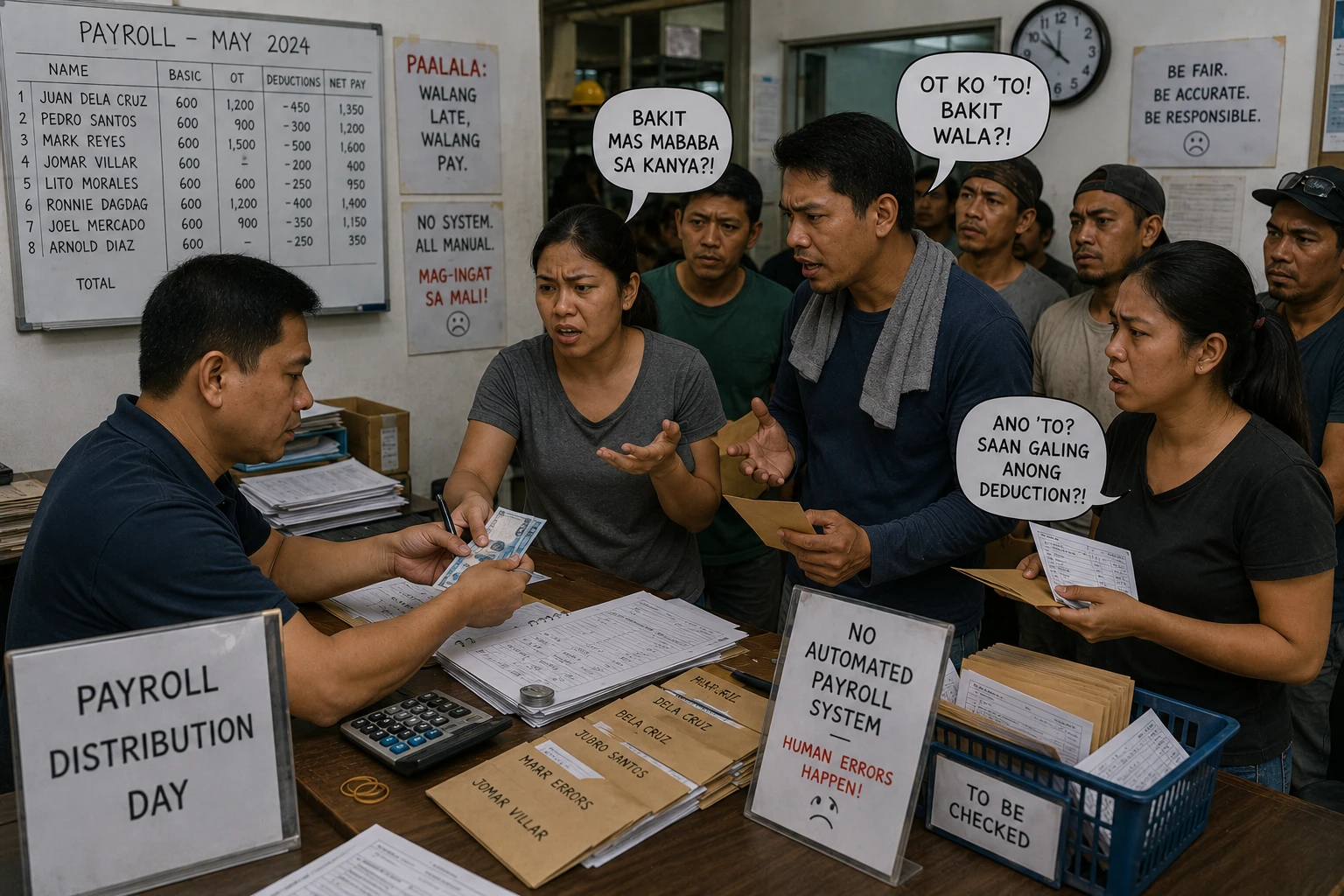 Payroll distribution chaos with angry workers disputing manual pay errors