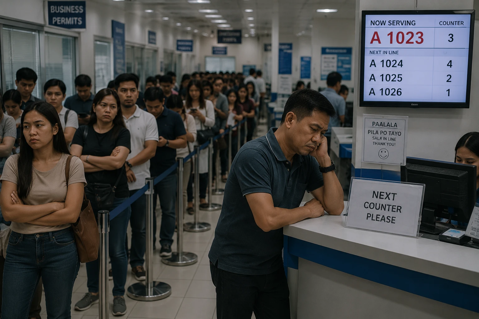 Long queue of frustrated customers at a business counter